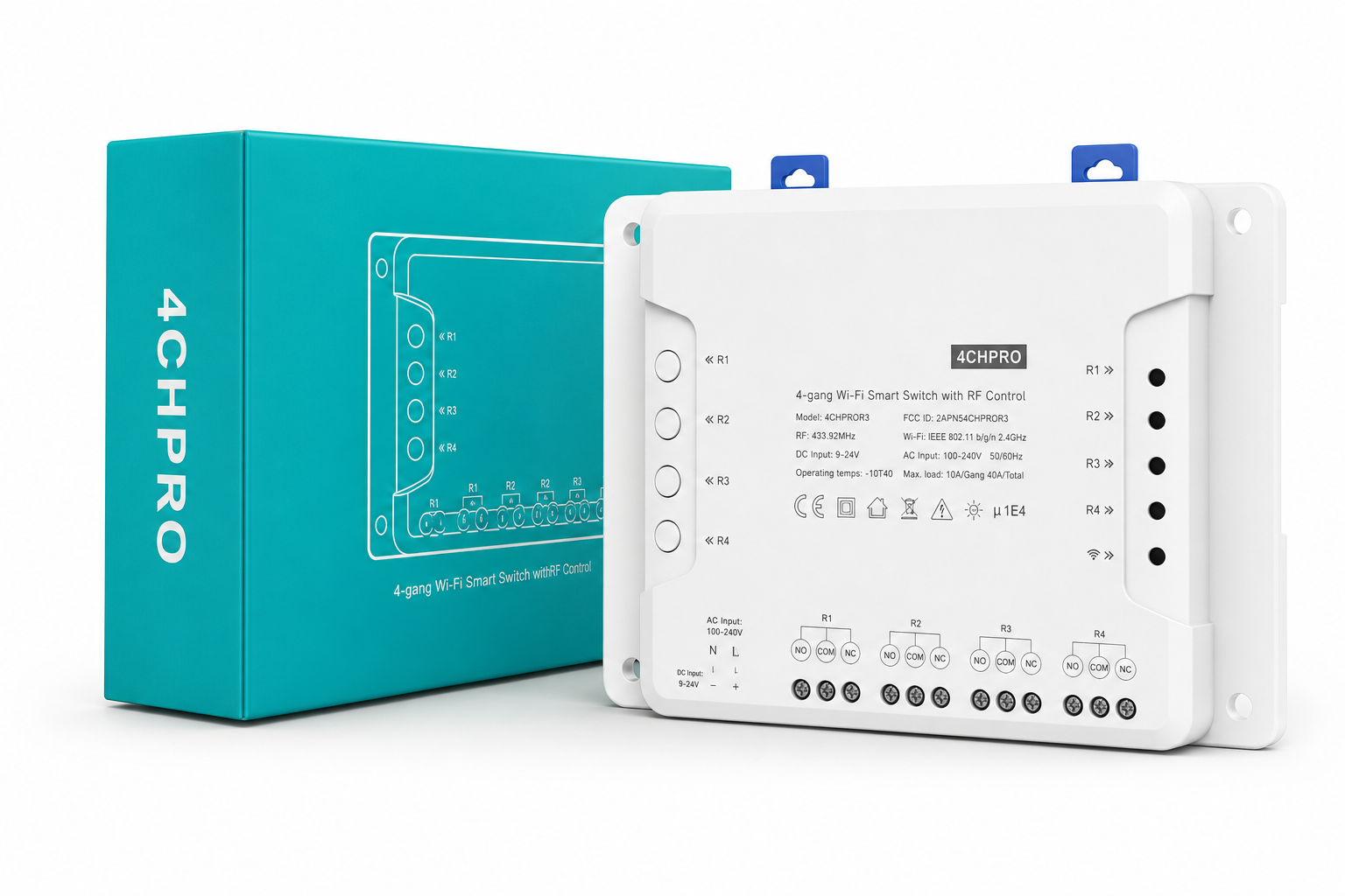 NéoRelay 4CH Pro product module with turquoise retail packaging