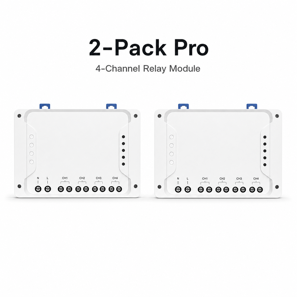 Studio packshot of two Pro 4-channel relay modules