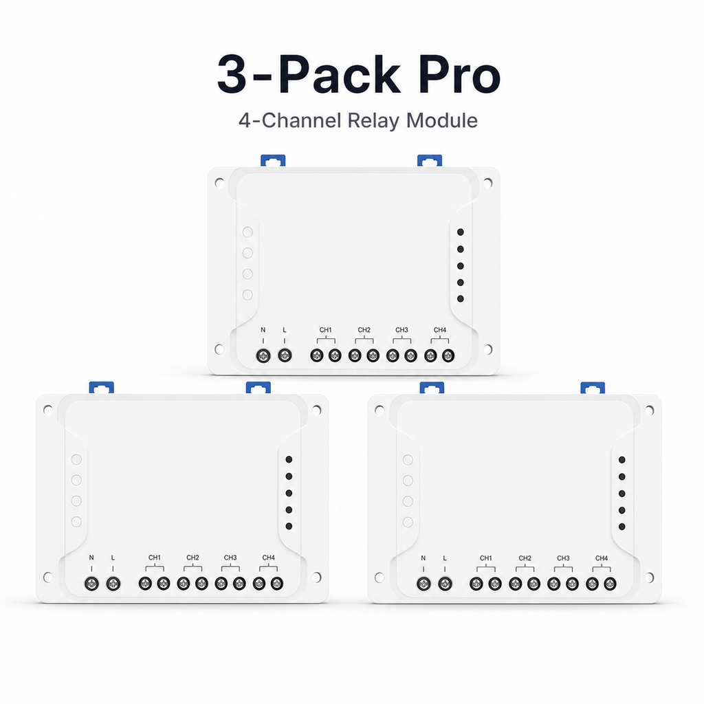Studio packshot of three Pro 4-channel relay modules