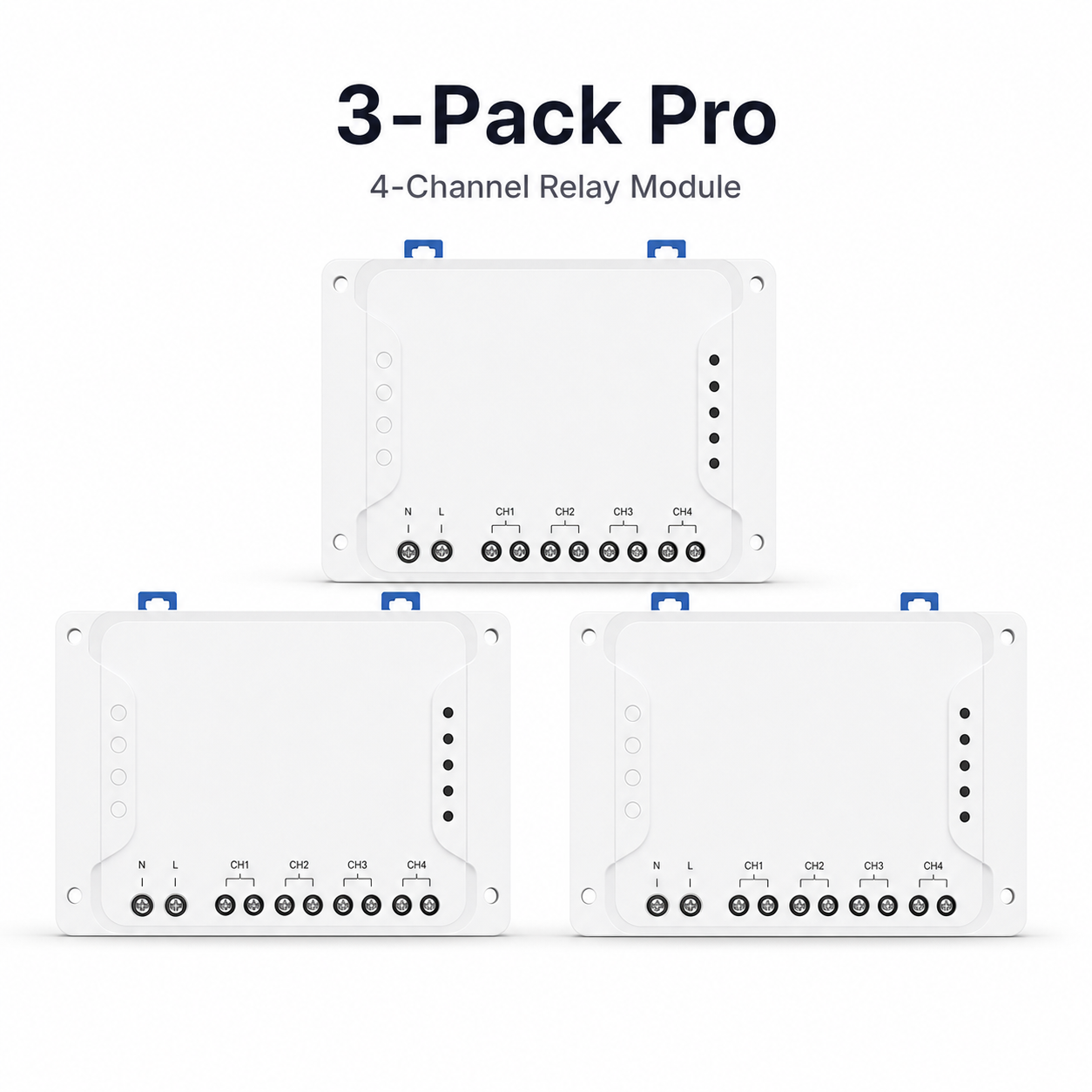 Studio packshot of three Pro 4-channel relay modules