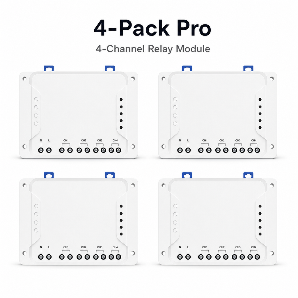 Studio packshot of four Pro 4-channel relay modules