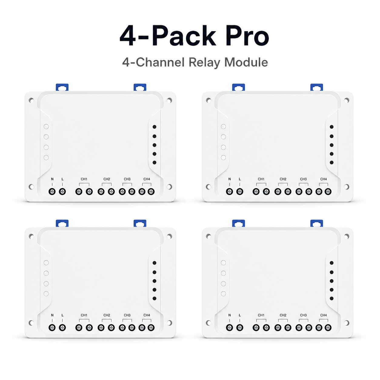 Studio packshot of four Pro 4-channel relay modules