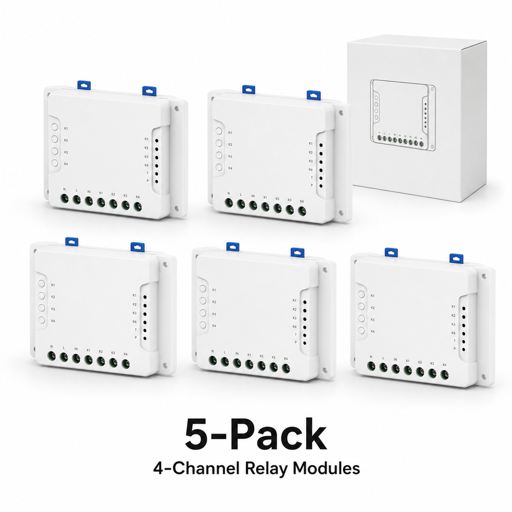 Studio packshot of five 4-channel smart relay modules with packaging