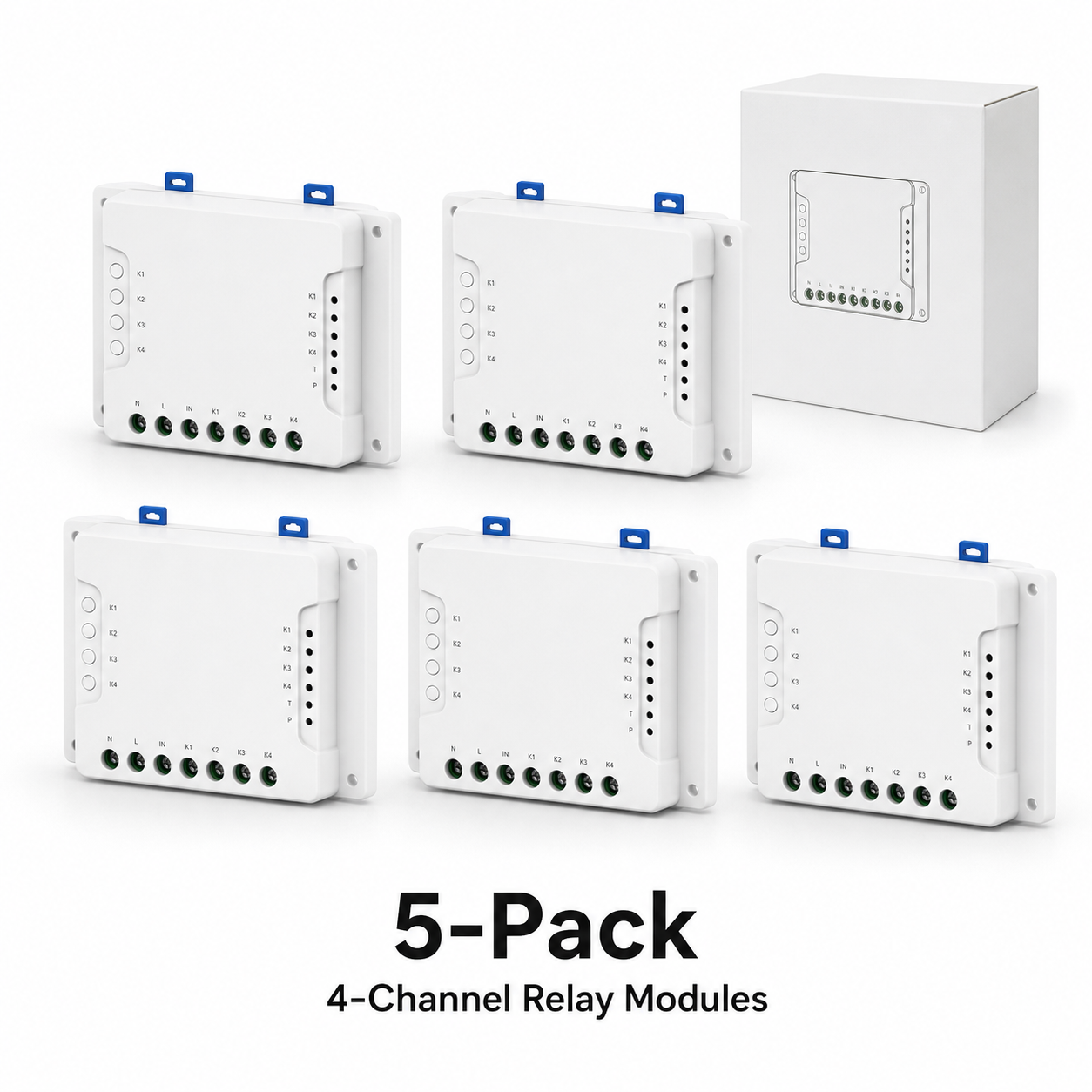 Studio packshot of five 4-channel smart relay modules with packaging