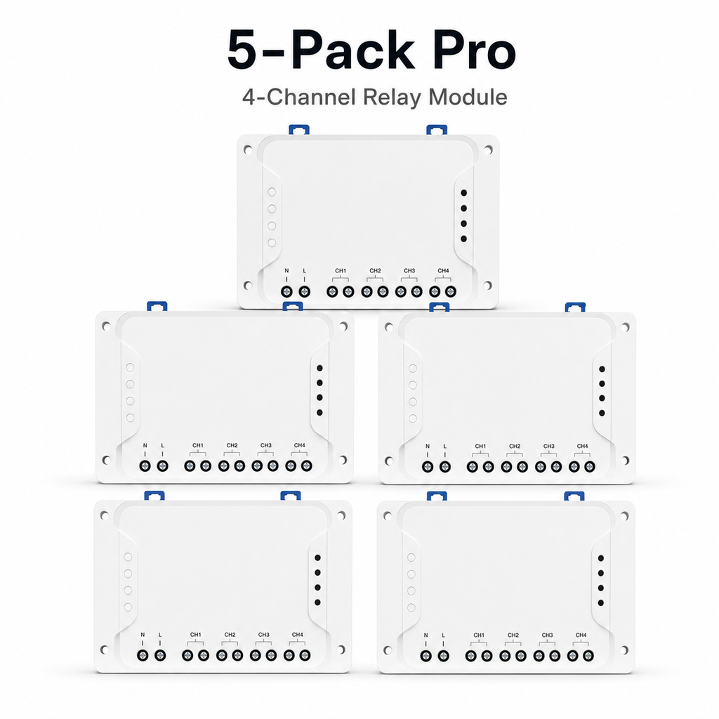 Studio packshot of five Pro 4-channel relay modules