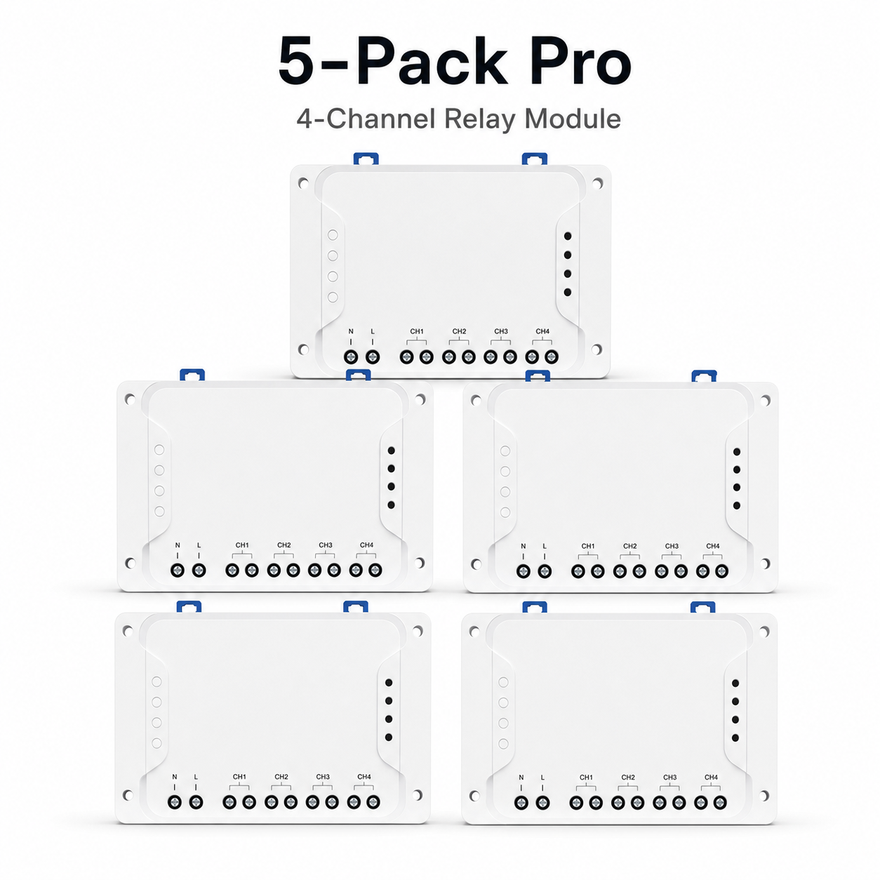 Studio packshot of five Pro 4-channel relay modules