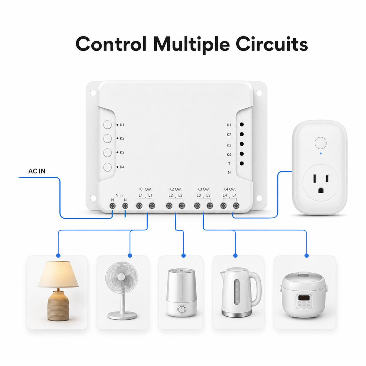 4-channel relay module controlling multiple household circuits