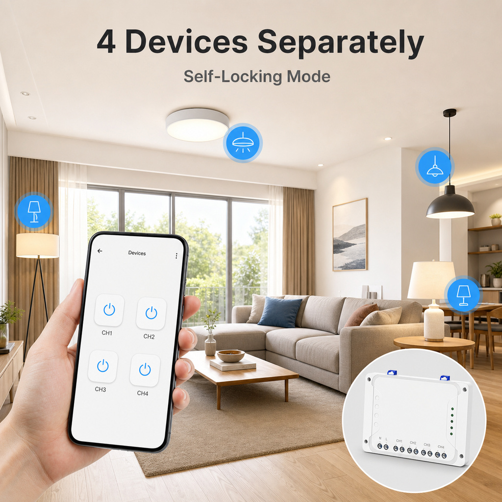 Living room scene showing four devices controlled separately