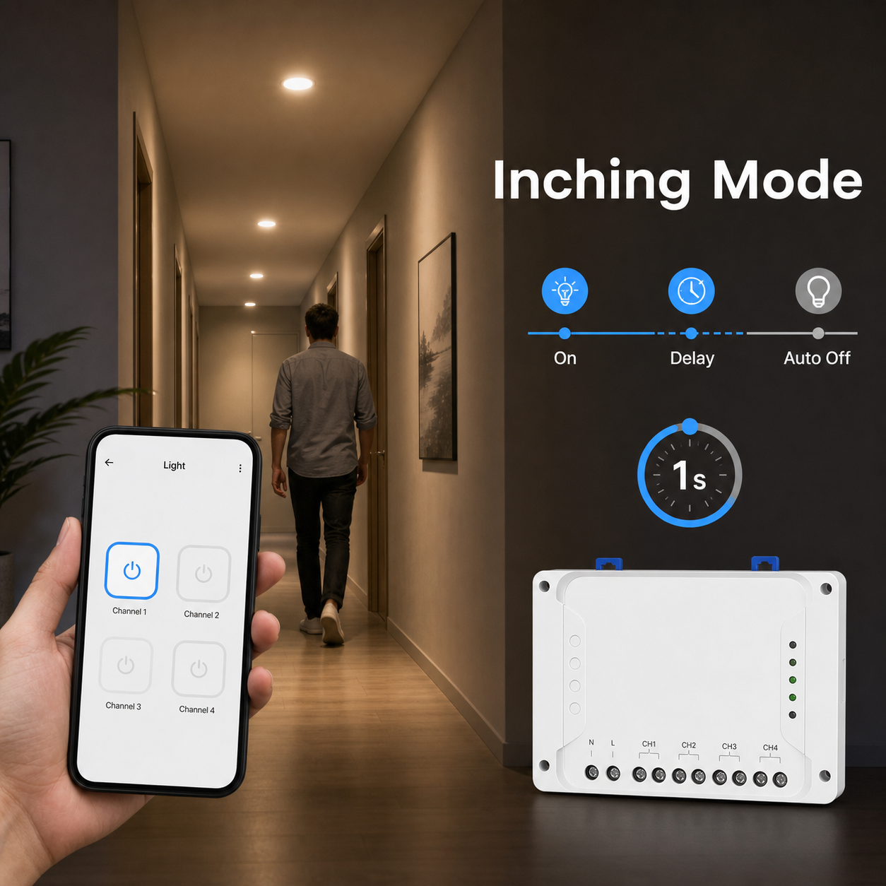 Hallway light inching mode with auto off delay
