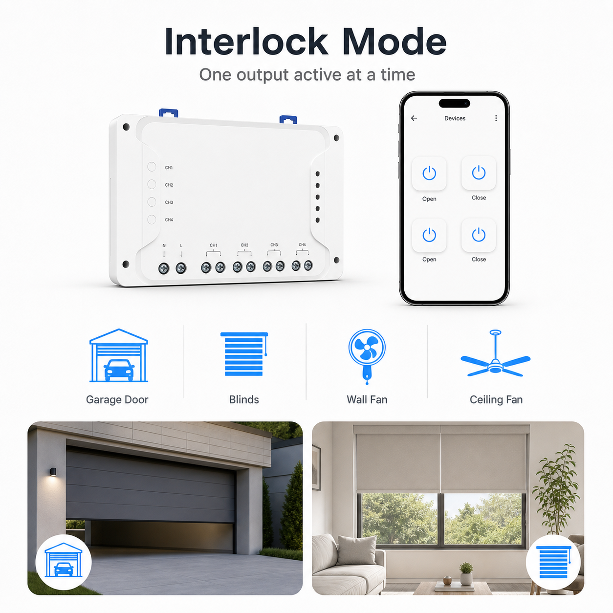 Interlock mode overview for garage door blinds and fan control