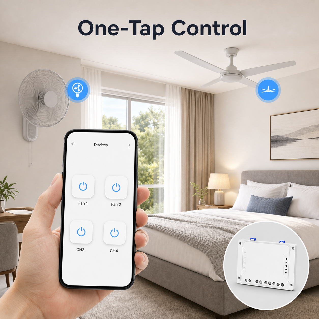 Bedroom scene showing one-tap fan control from a smartphone