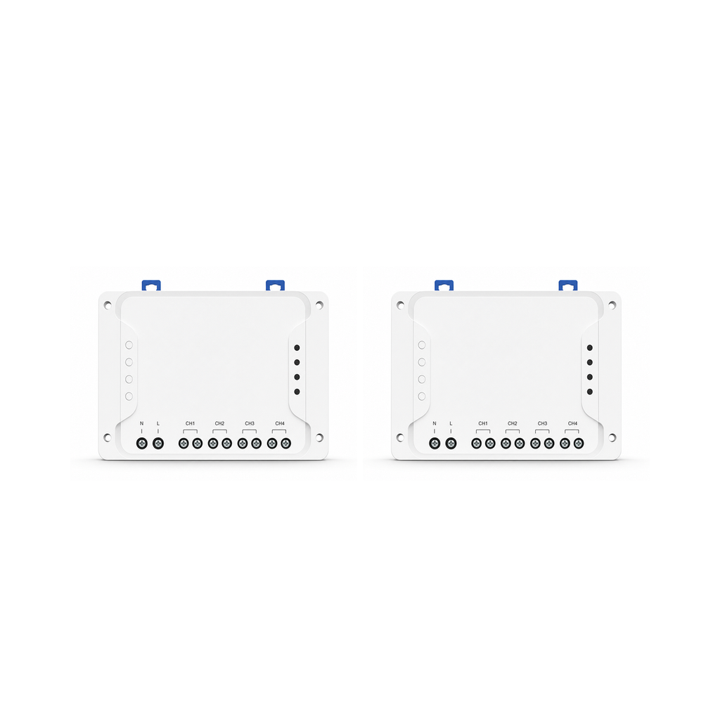 Lot de 2 modules relais Wi-Fi RF NéoRelay 4CH Pro R3 sur fond blanc