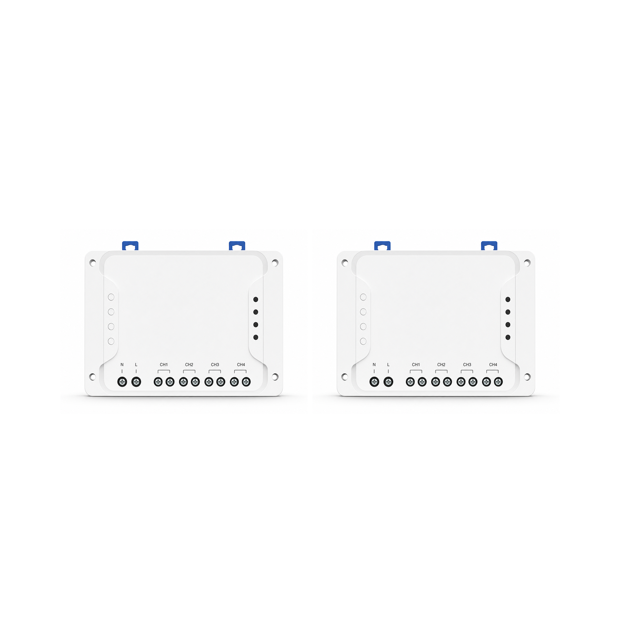 Lot de 2 modules relais Wi-Fi RF NéoRelay 4CH Pro R3 sur fond blanc