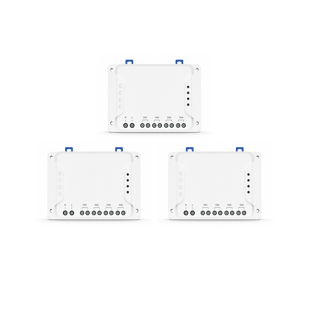 Lot de 3 modules relais Wi-Fi RF NéoRelay 4CH Pro R3 sur fond blanc
