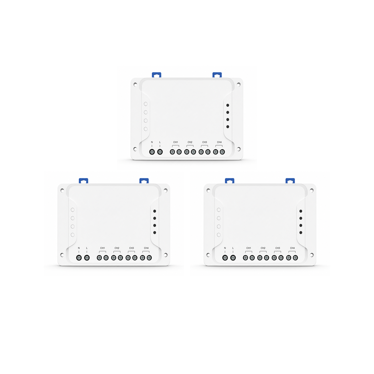 Lot de 3 modules relais Wi-Fi RF NéoRelay 4CH Pro R3 sur fond blanc