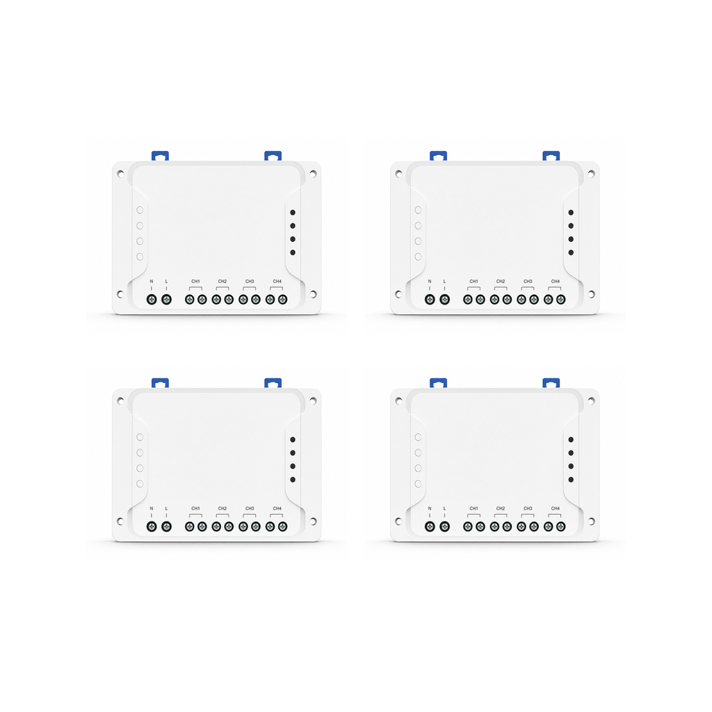 Lot de 4 modules relais Wi-Fi RF NéoRelay 4CH Pro R3 sur fond blanc