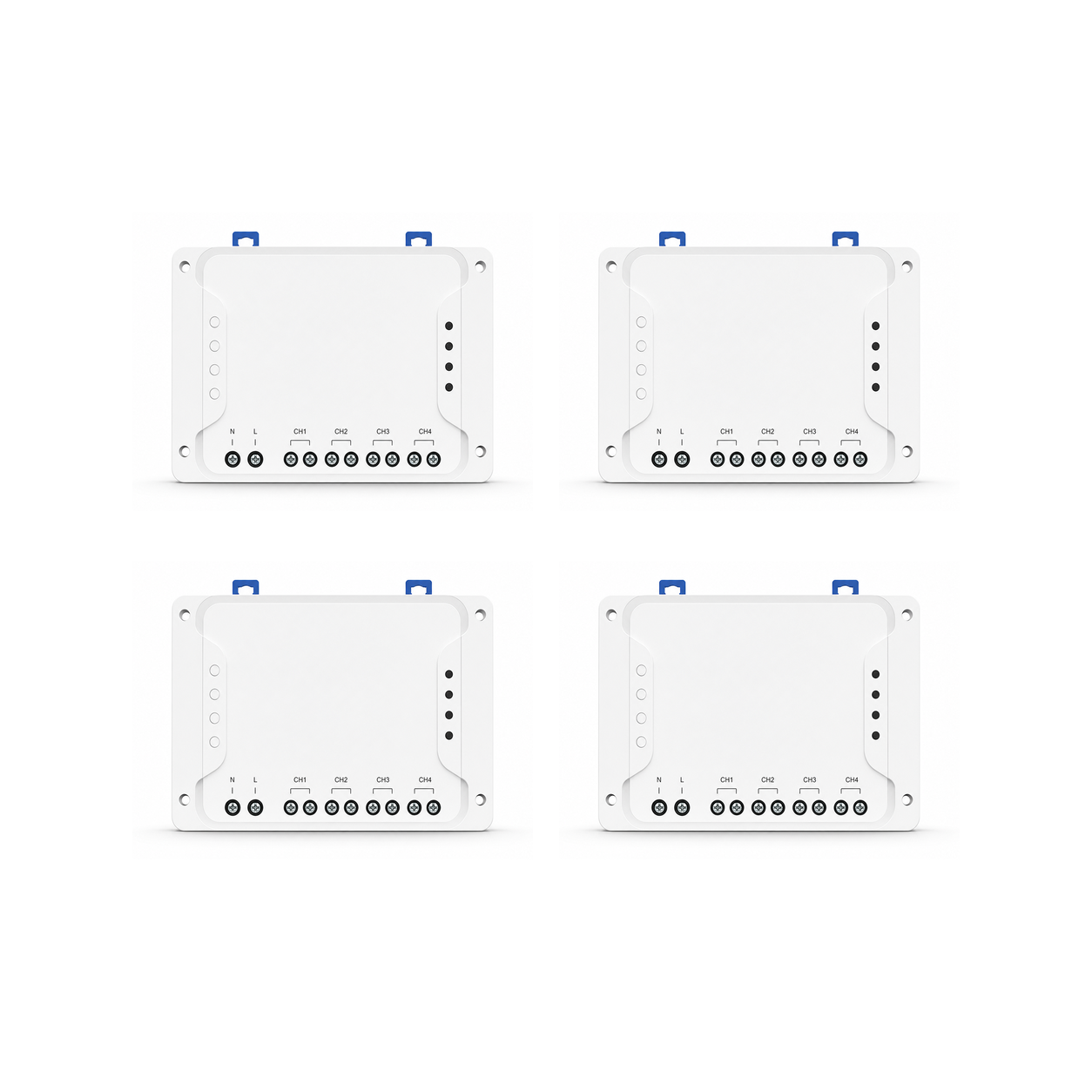 Lot de 4 modules relais Wi-Fi RF NéoRelay 4CH Pro R3 sur fond blanc