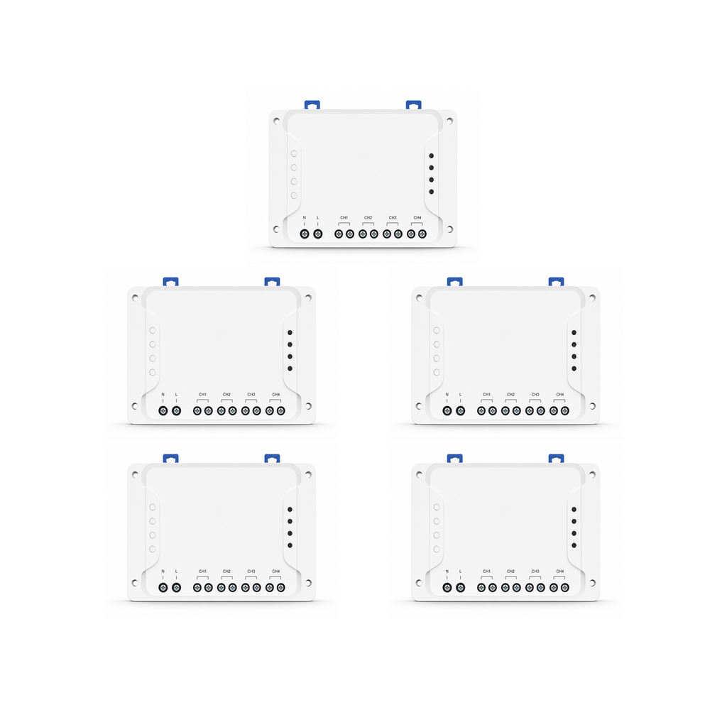Lot de 5 modules relais Wi-Fi RF NéoRelay 4CH Pro R3 sur fond blanc