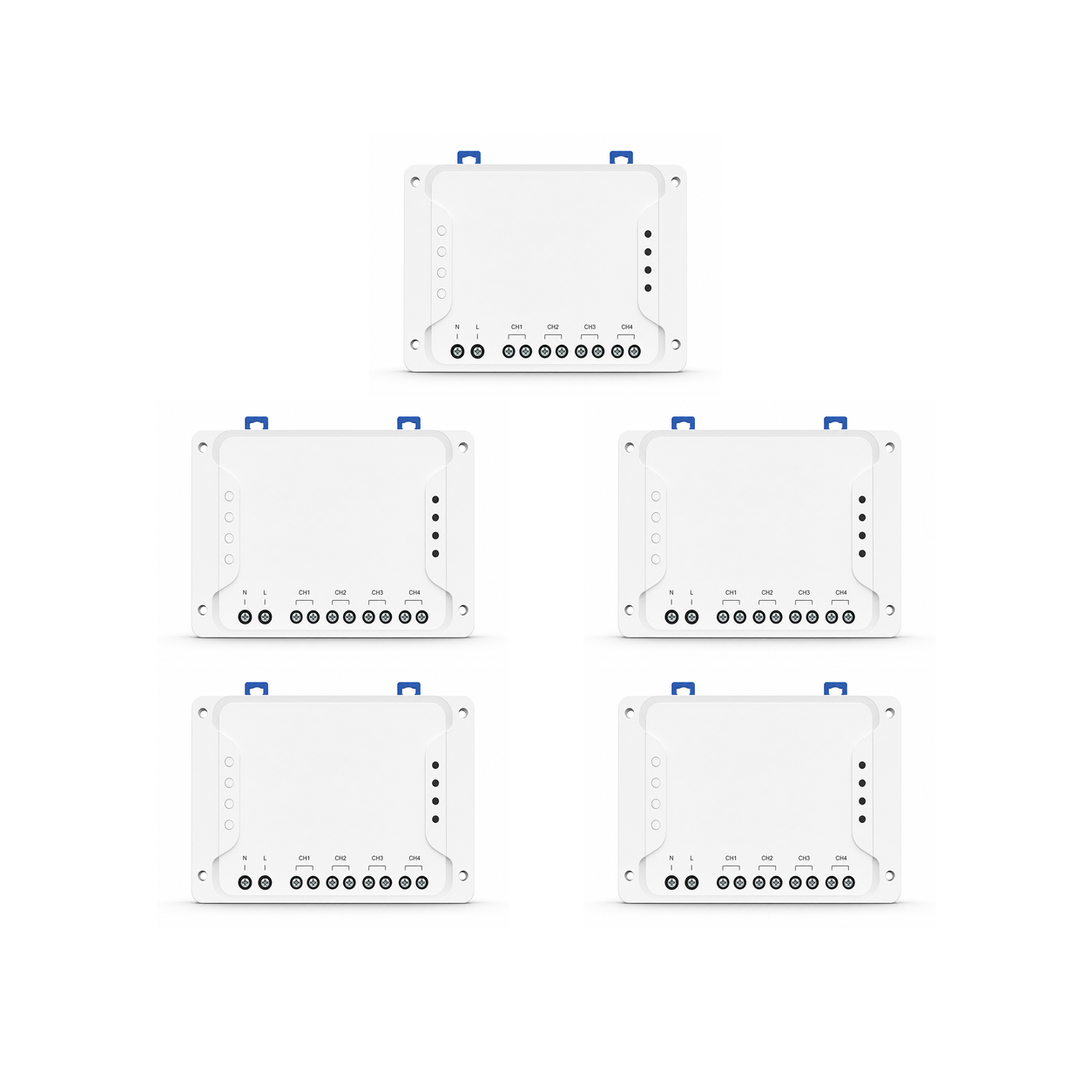 Lot de 5 modules relais Wi-Fi RF NéoRelay 4CH Pro R3 sur fond blanc