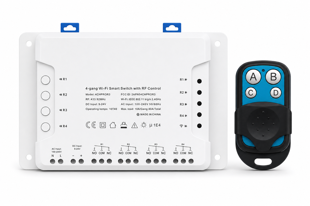 NéoRelay 4CH Pro R3 avec télécommande RF RM433, packshot studio blanc