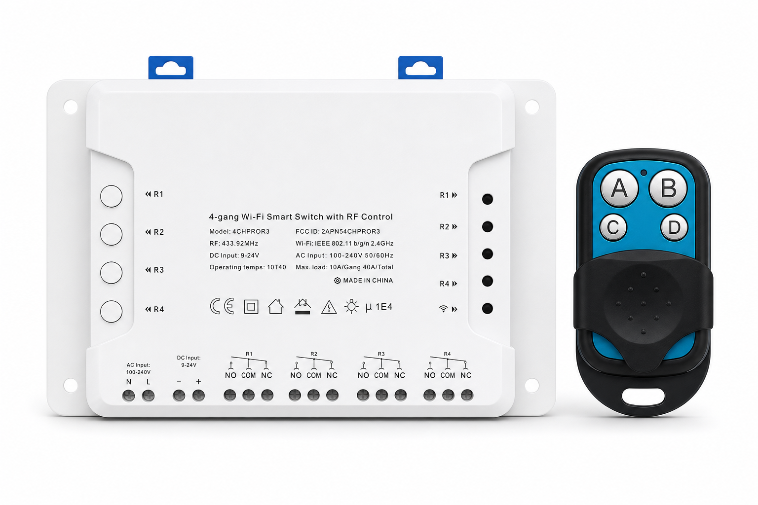 NéoRelay 4CH Pro R3 avec télécommande RF RM433, packshot studio blanc