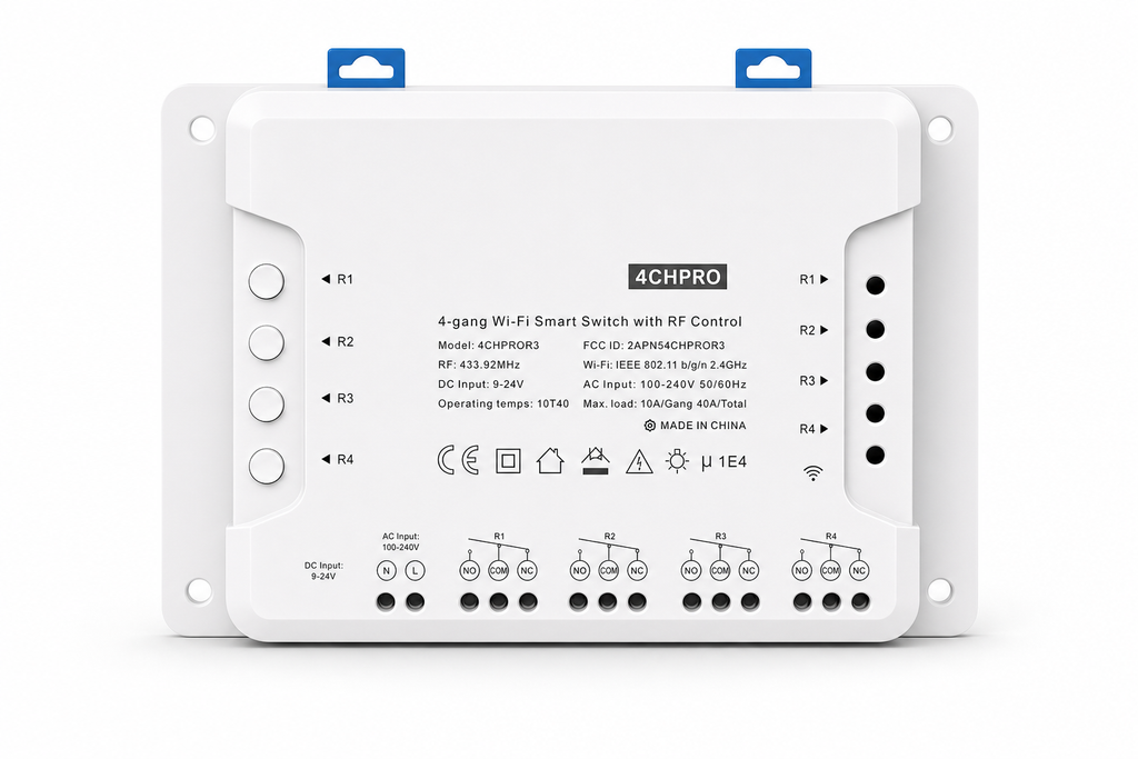 NéoRelay 4CH Pro R3 module Wi-Fi RF 4 canaux, packshot studio blanc