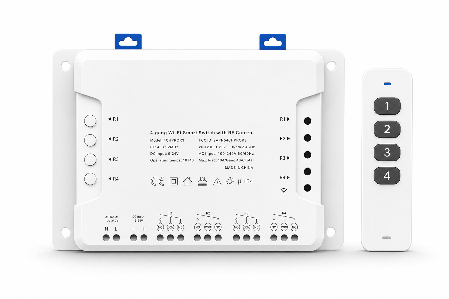 NéoRelay 4CH Pro R3 avec télécommande RF blanche, packshot studio blanc