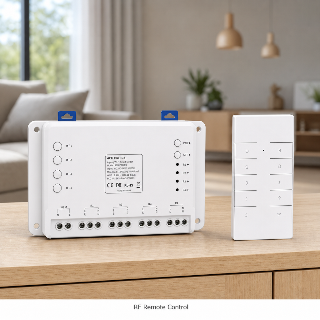 NéoRelay 4CH Pro with RM433 RF remote control lifestyle product image