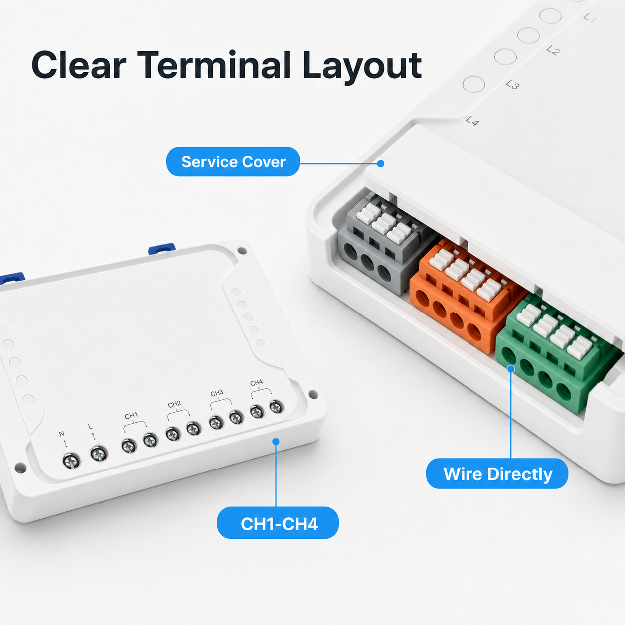 Close-up of terminal layout on 4-channel relay module