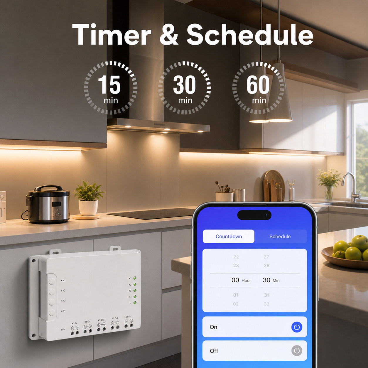 Timer and schedule app control for a 4-channel relay module