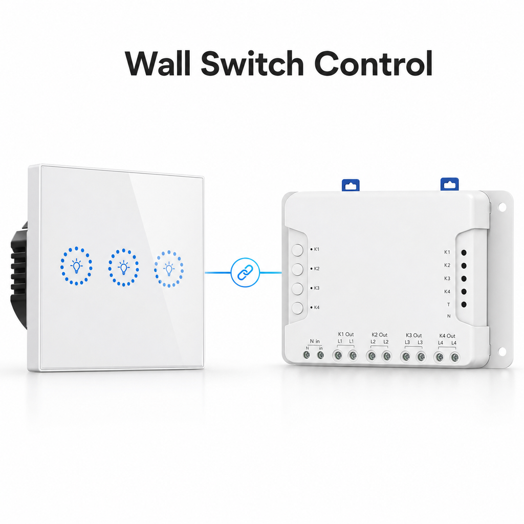 Wall switch control setup with 4-channel relay module