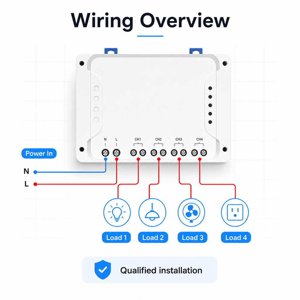 Simplified wiring overview for 4-channel relay module