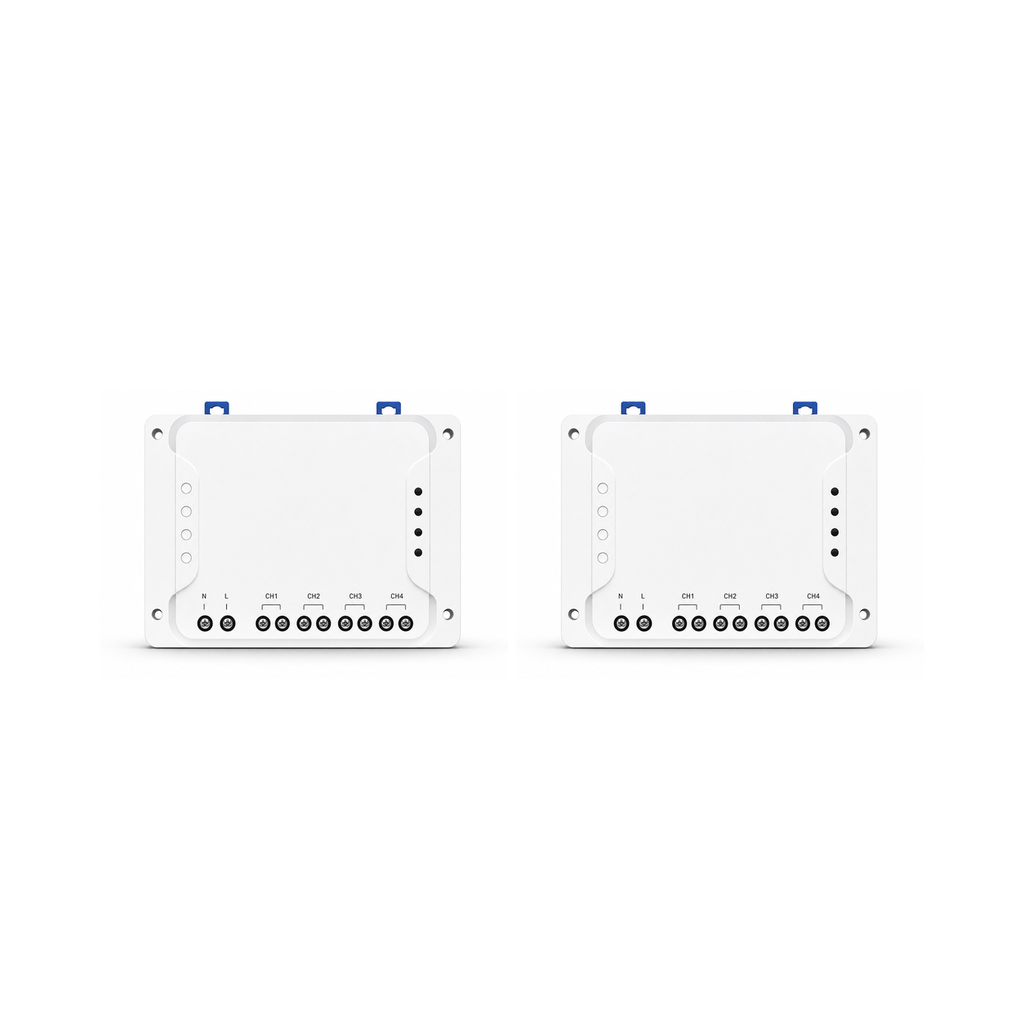 Lot de 2 modules relais Wi-Fi RF NéoRelay 4CH R3 sur fond blanc