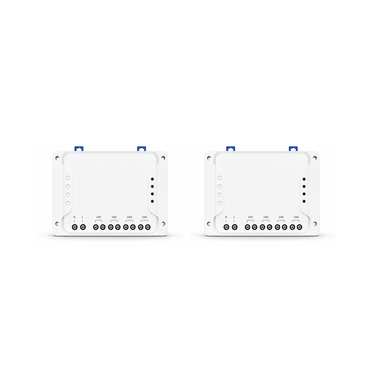 Lot de 2 modules relais Wi-Fi RF NéoRelay 4CH R3 sur fond blanc