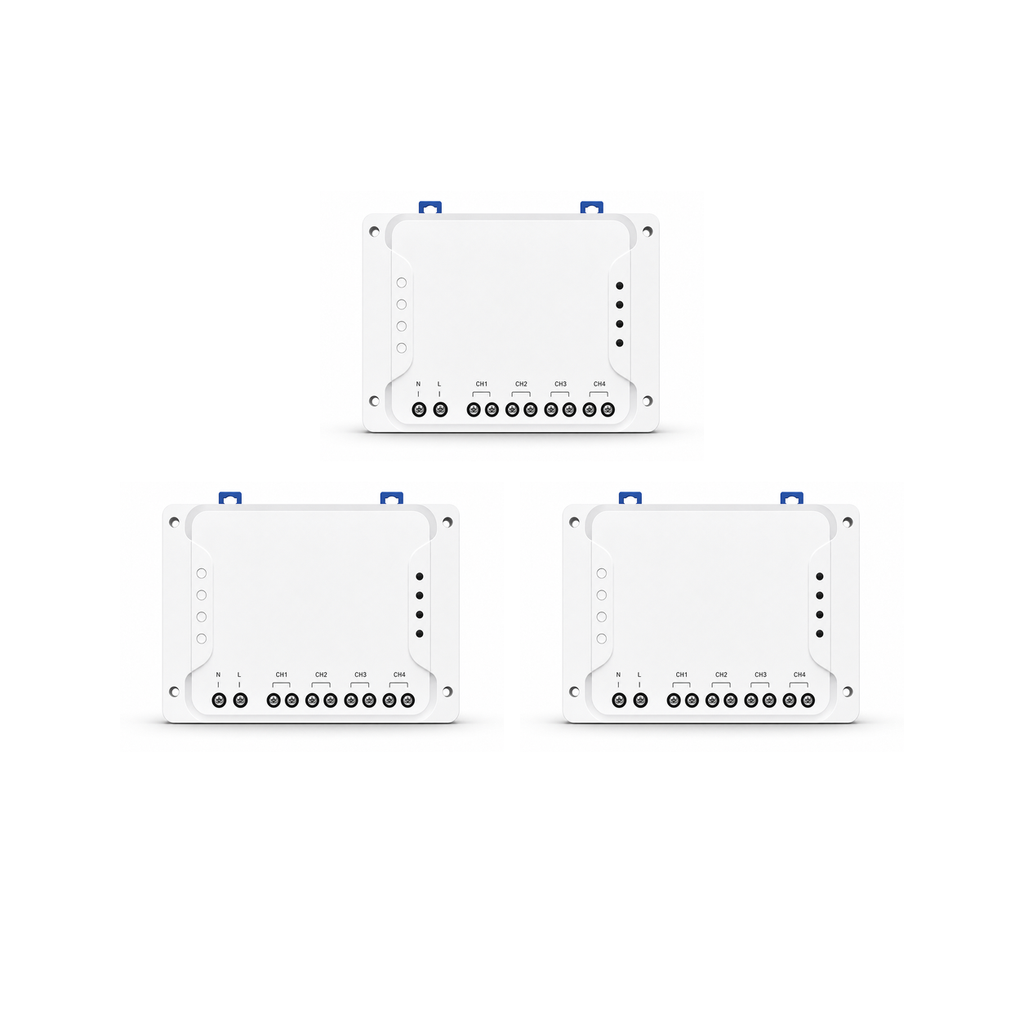 Lot de 3 modules relais Wi-Fi RF NéoRelay 4CH R3 sur fond blanc