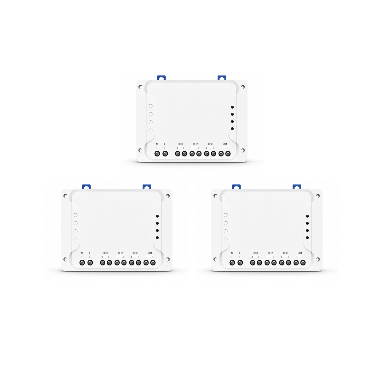 Lot de 3 modules relais Wi-Fi RF NéoRelay 4CH R3 sur fond blanc
