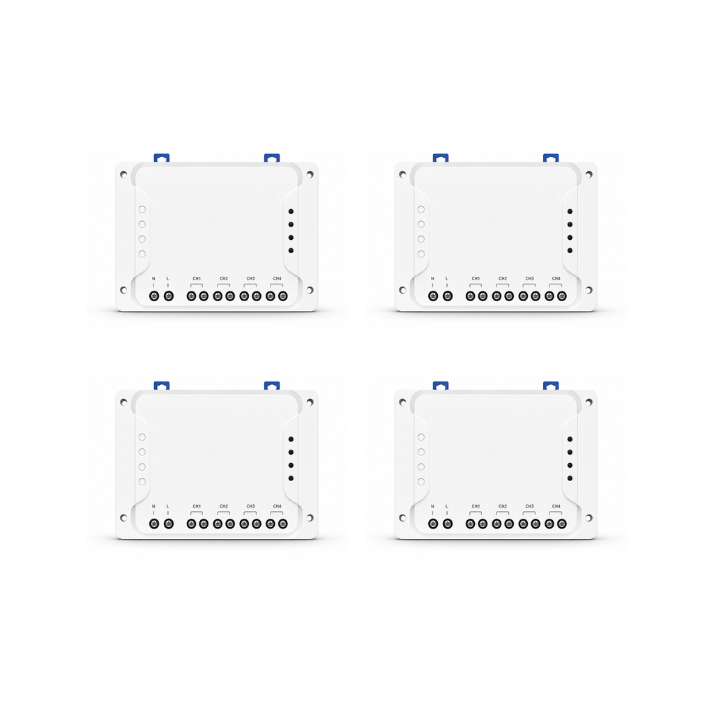 Lot de 4 modules relais Wi-Fi RF NéoRelay 4CH R3 sur fond blanc
