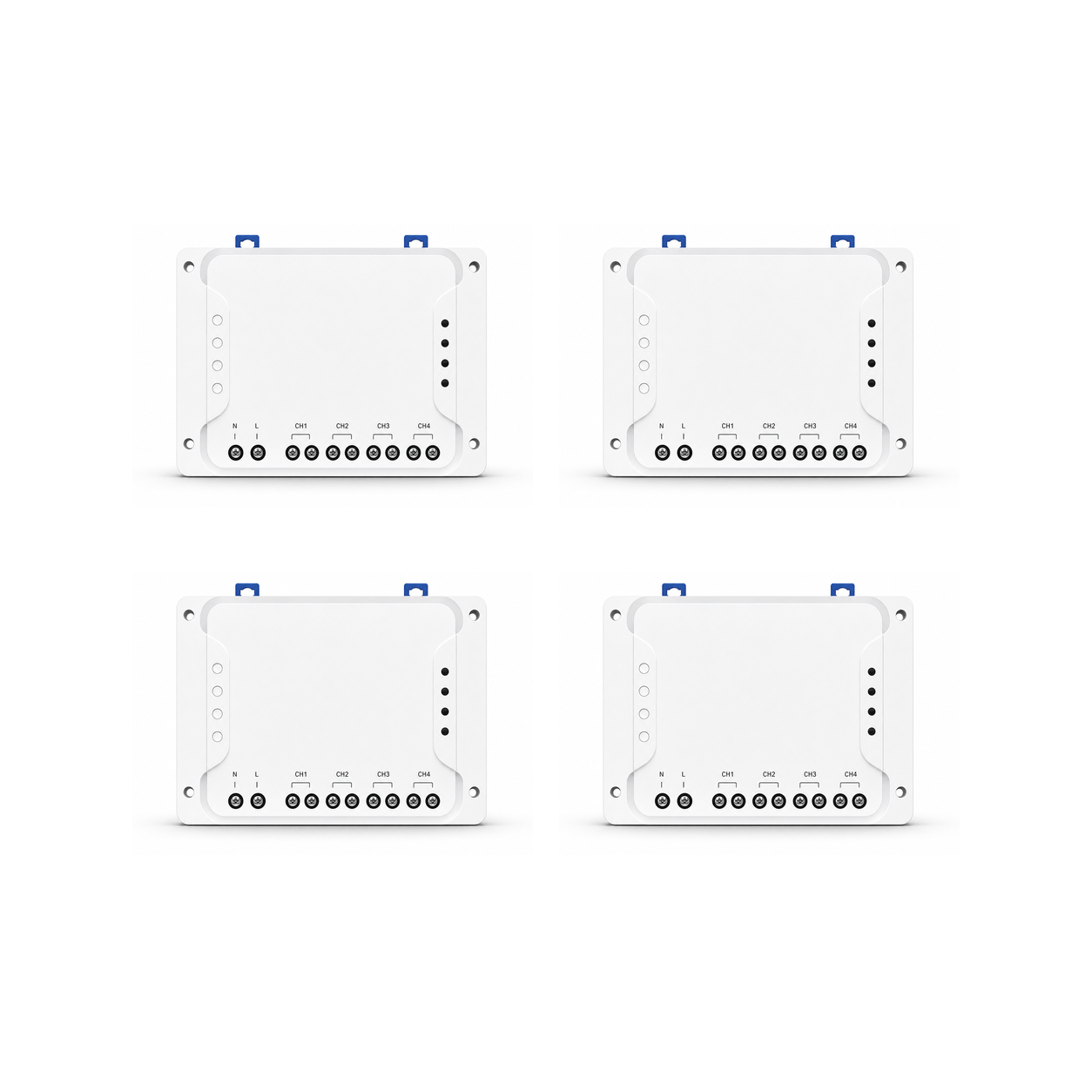 Lot de 4 modules relais Wi-Fi RF NéoRelay 4CH R3 sur fond blanc