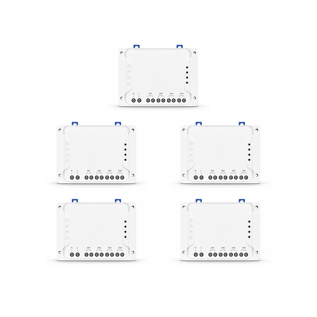 Lot de 5 modules relais Wi-Fi RF NéoRelay 4CH R3 sur fond blanc