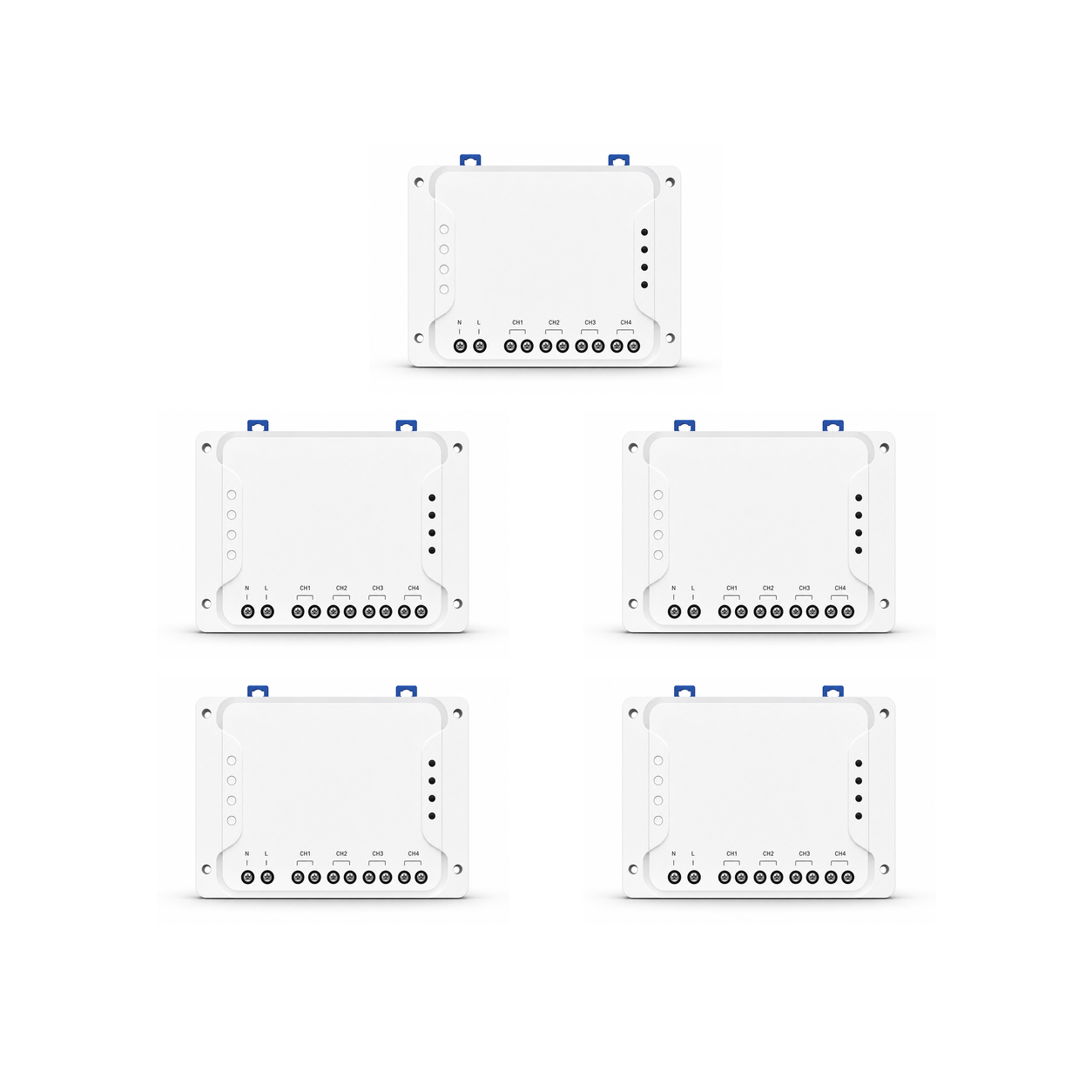 Lot de 5 modules relais Wi-Fi RF NéoRelay 4CH R3 sur fond blanc