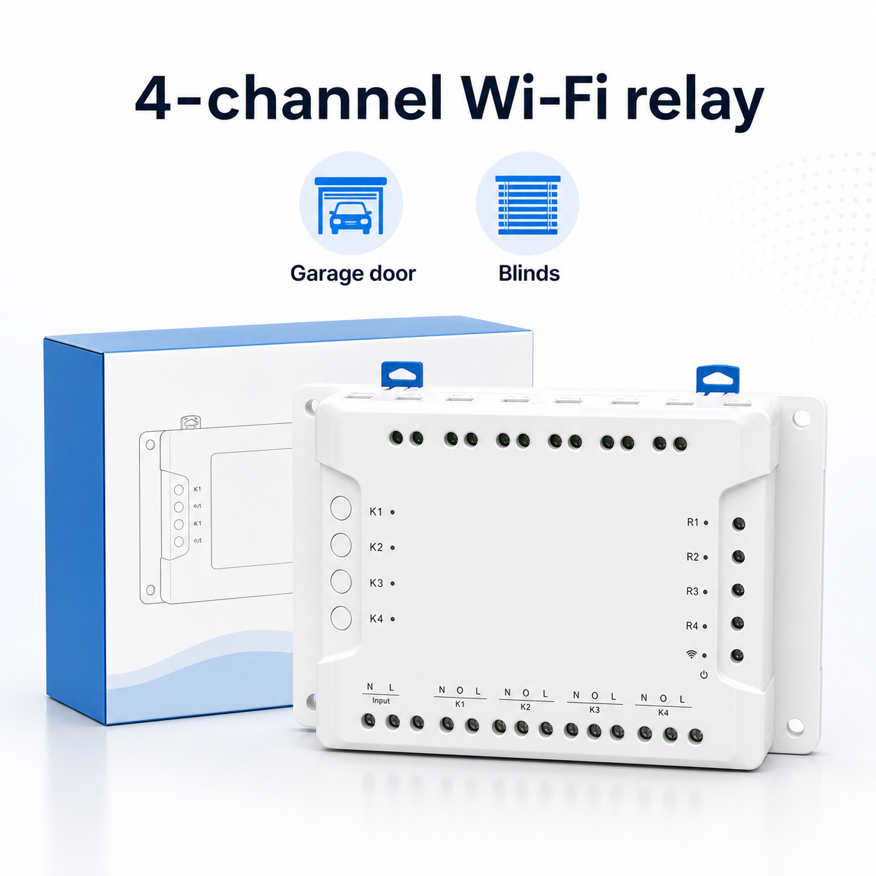 Studio packshot of 4-channel Wi-Fi relay with product packaging
