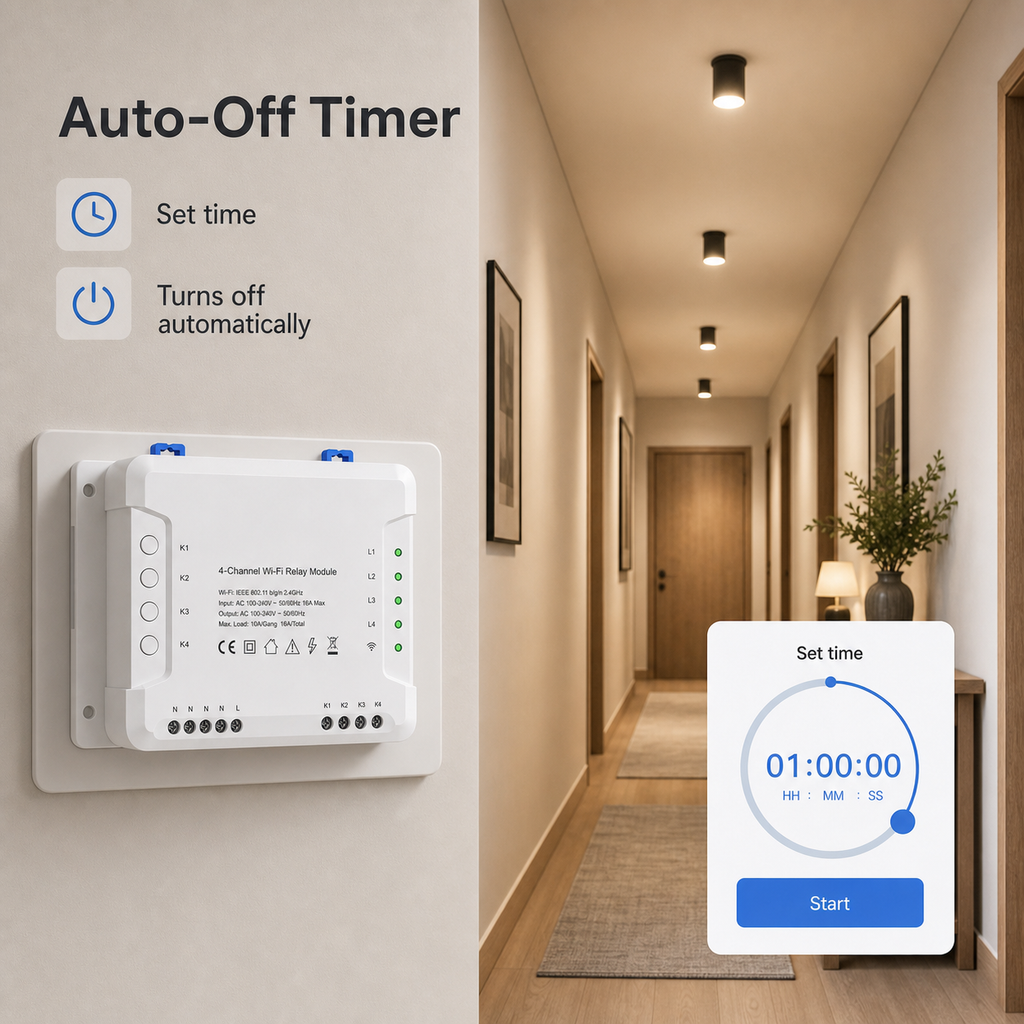 Auto-off timer control for 4-channel Wi-Fi relay module in a modern hallway