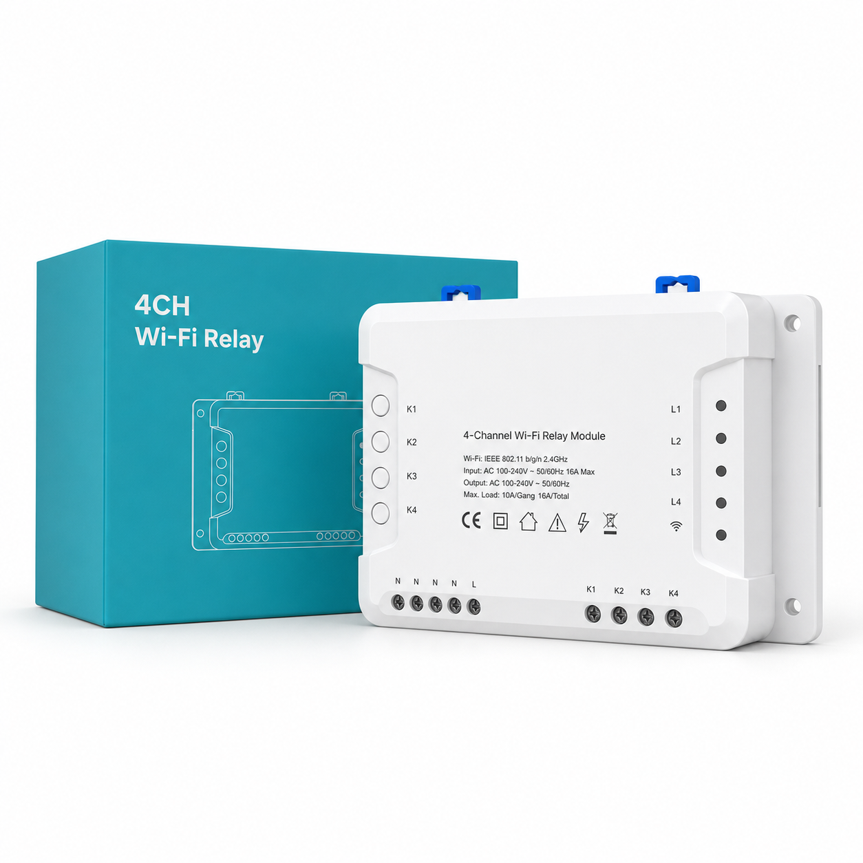 Studio packshot of 4-channel Wi-Fi relay module with neutral product box