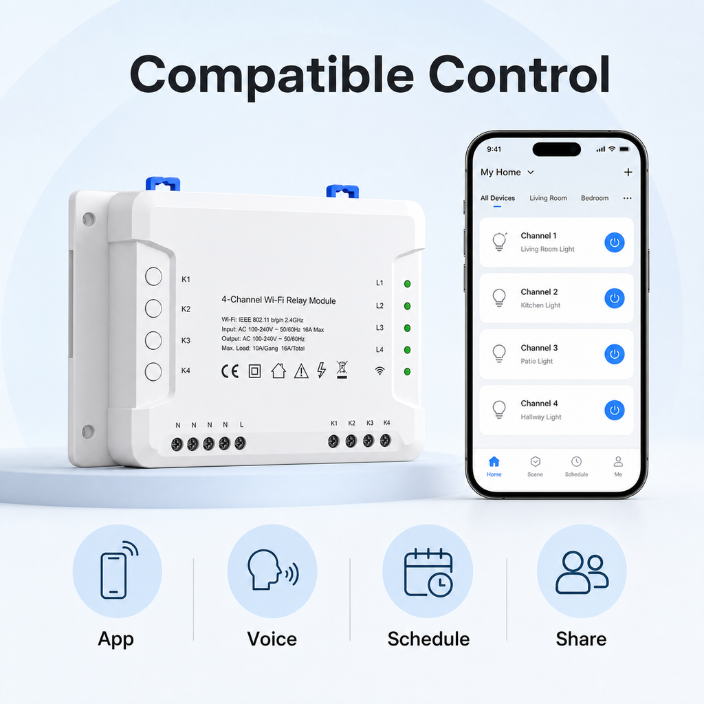 Generic app, voice, schedule and share control options for 4-channel Wi-Fi relay module