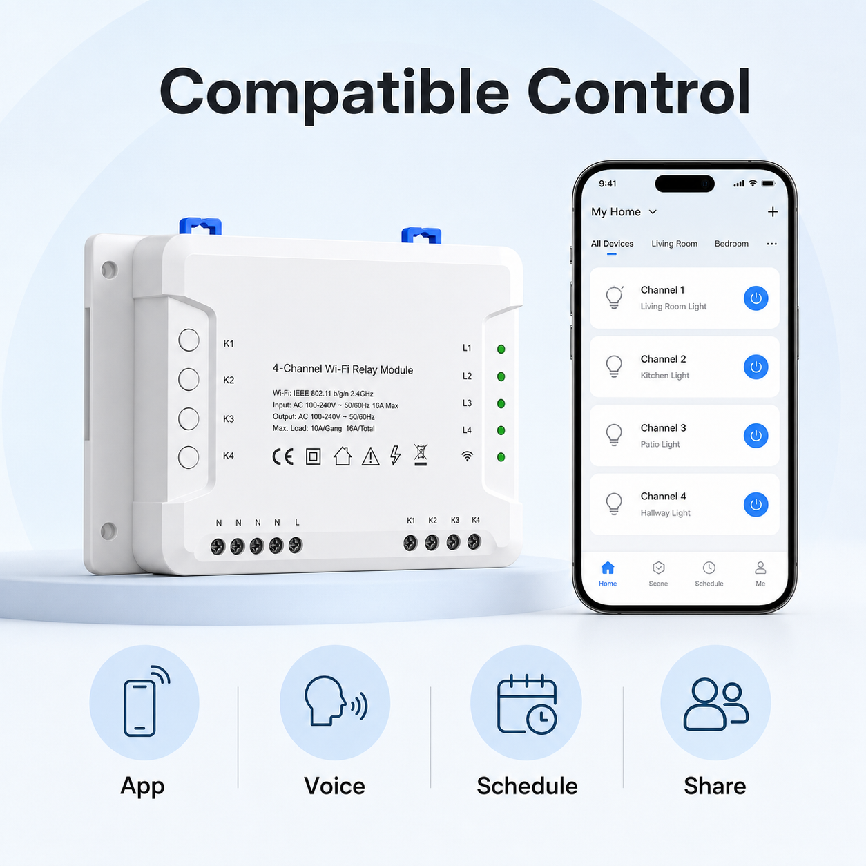 Generic app, voice, schedule and share control options for 4-channel Wi-Fi relay module