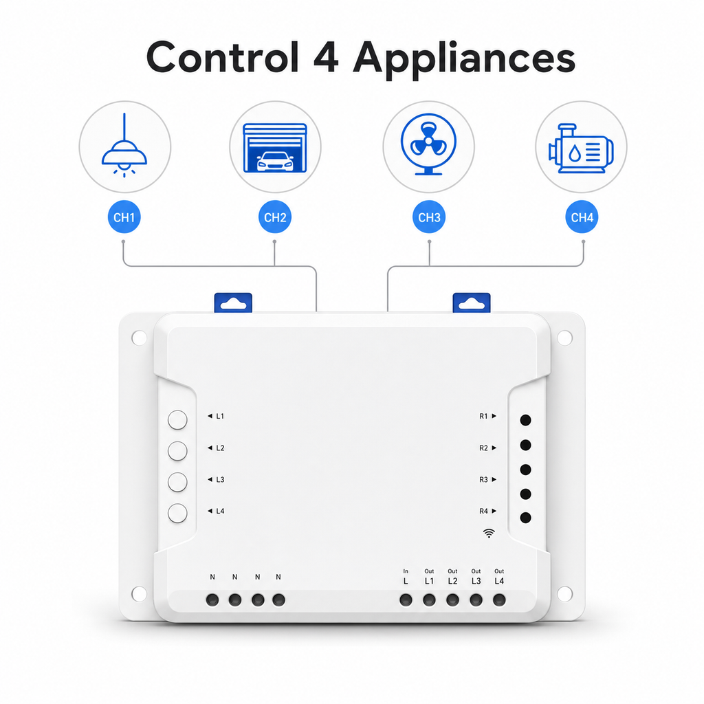4-channel relay controlling four household appliances