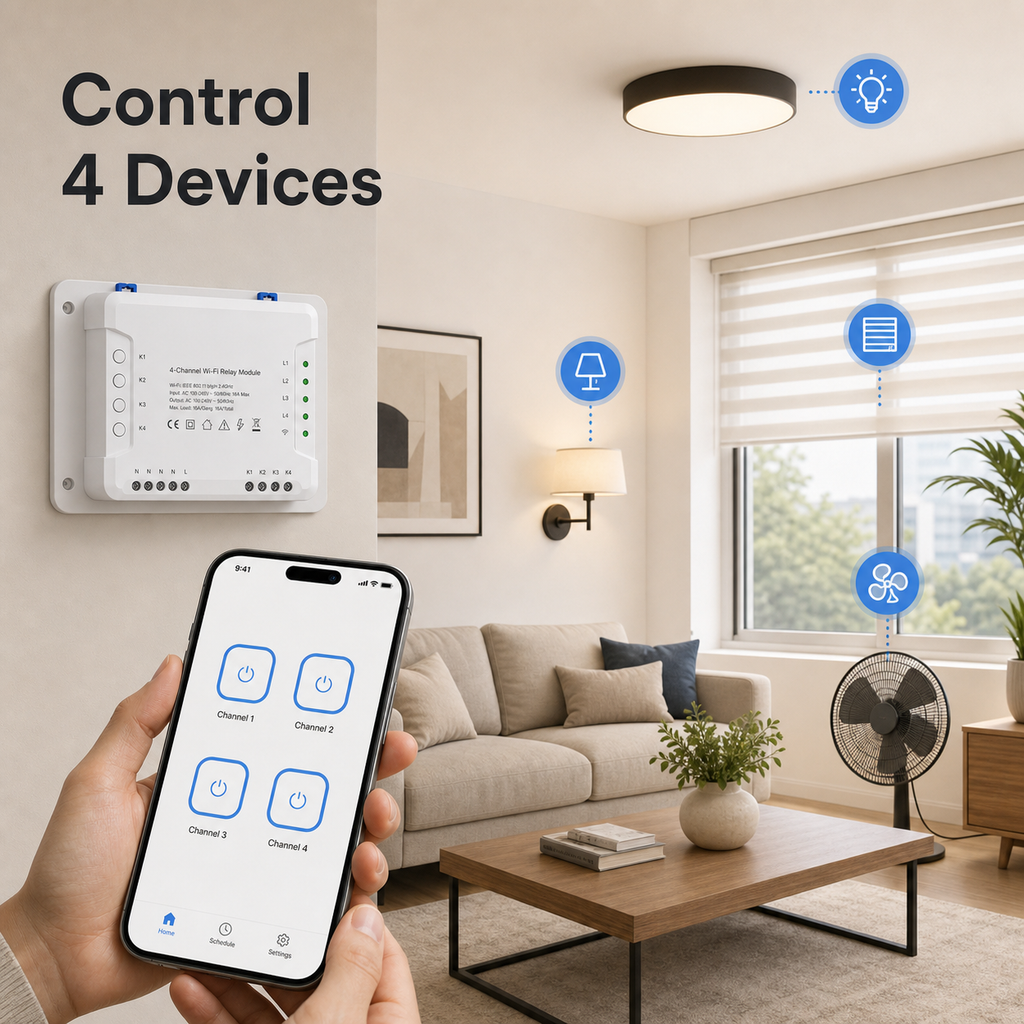4-channel Wi-Fi relay module controlling four home devices from a phone app