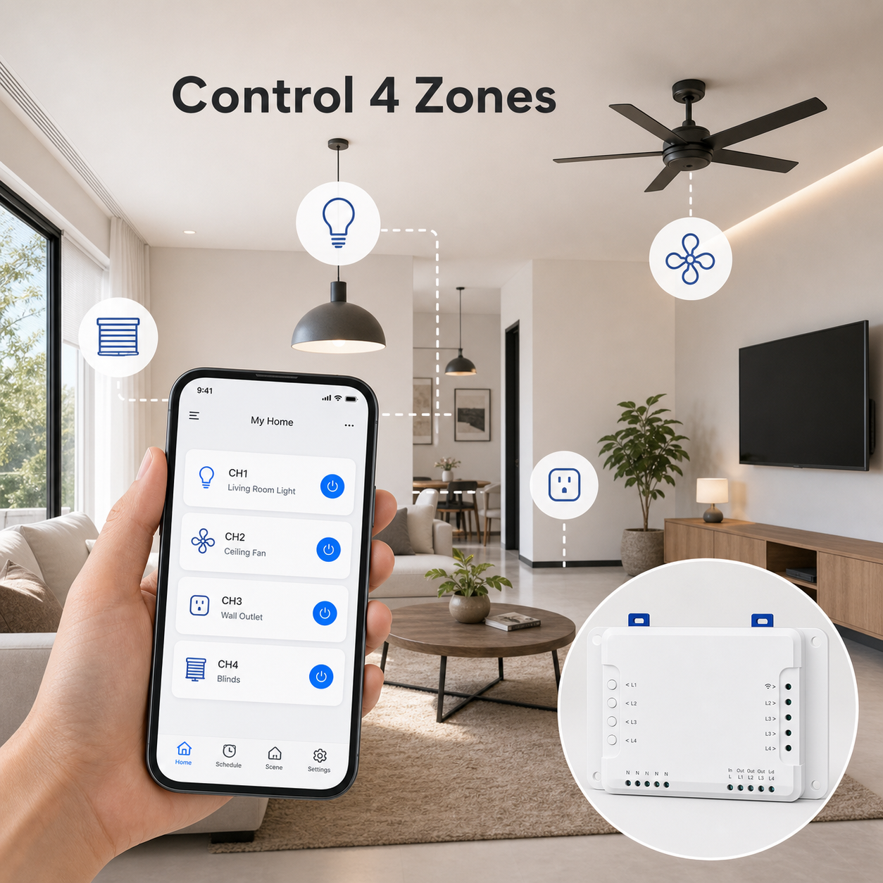 Living room control zones managed by 4-channel relay app