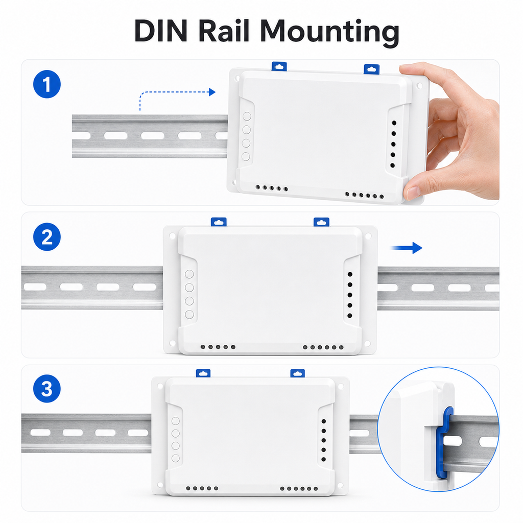 DIN rail mounting steps for 4-channel relay module