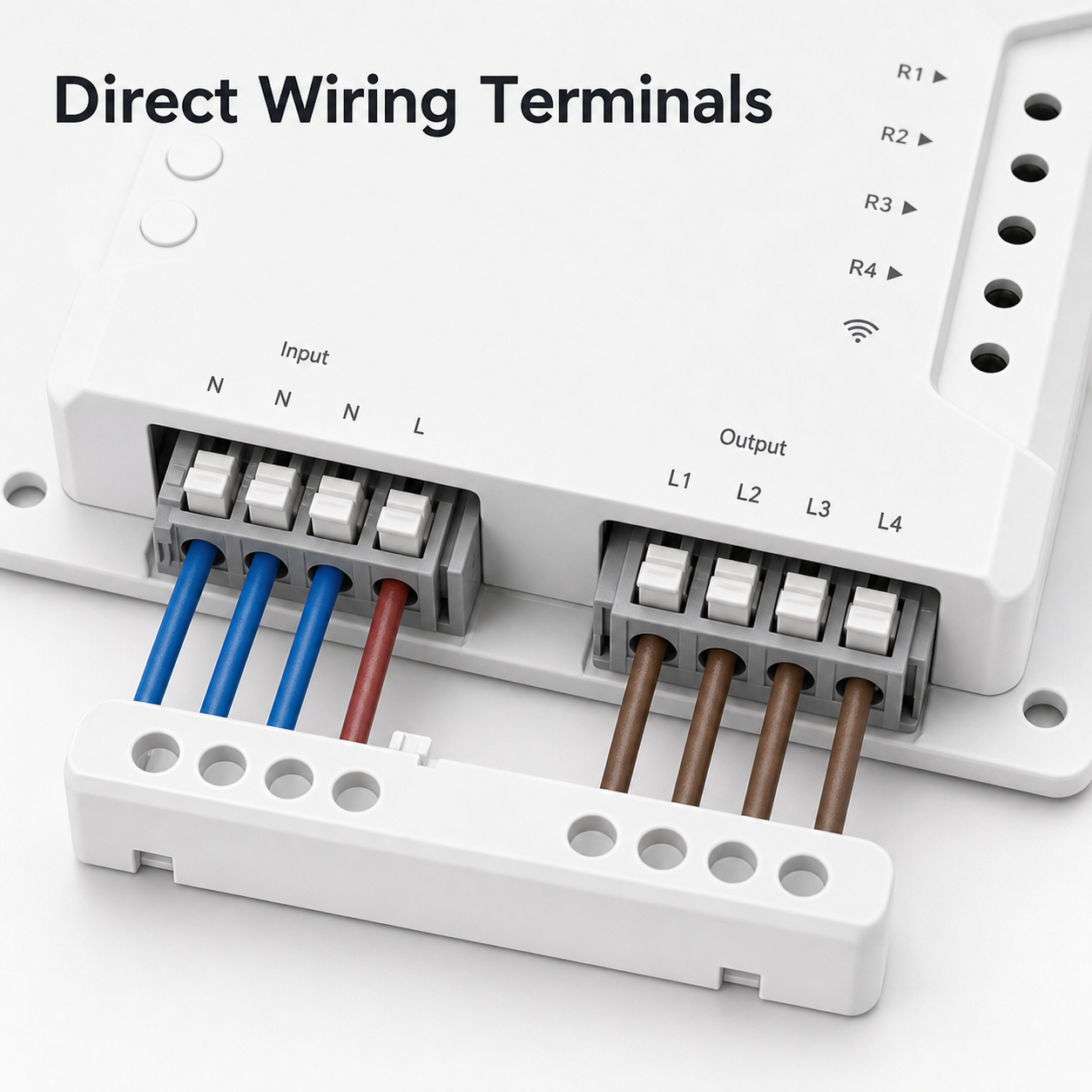 Direct wiring terminals close-up for 4-channel relay